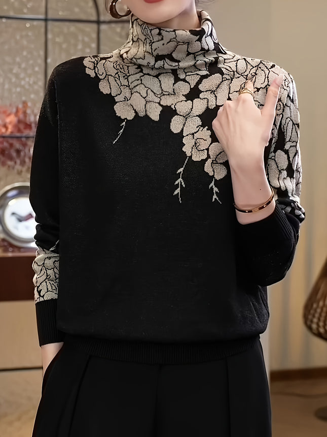 Women's High Neck Floral Jacquard Sweater Long Sleeve