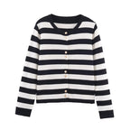 Black And White Striped Knitted Cardigan For Women