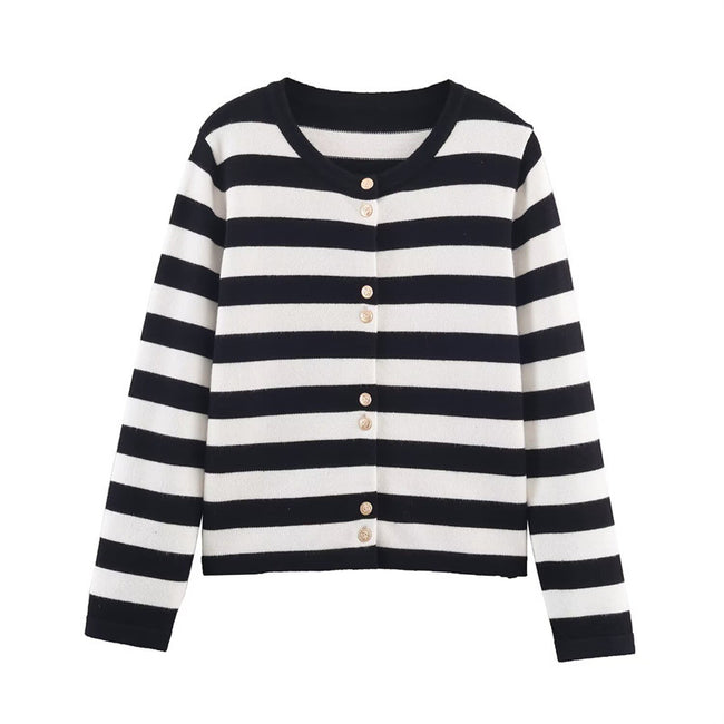 Black And White Striped Knitted Cardigan For Women Hover Image