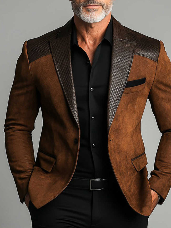 Brown Suede Blazer With Textured Leather Accents Main Image