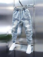 Men's New Light Blue Jeans Elastic Ankle Banded Pants