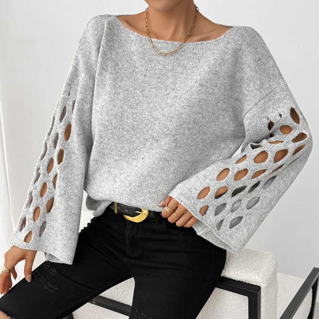 Women's Solid Color Round Neck Long Sleeve Hollow Sweater