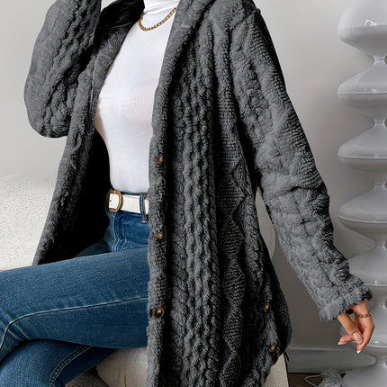 Autumn Winter Plush Hooded Jacquard Cardigan Coat for Women