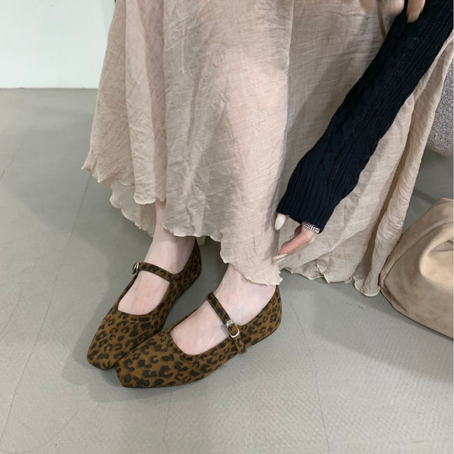 Vintage Suede Black Leather Flat Shoes Women's Buckle Comfortable Soft Bottom Hover Image