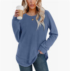 Waffle Loose Round Neck High And Low Curved Hem Top
