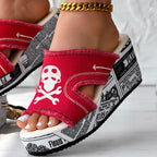 Newspaper Skull Original Hem Platform Wedge Slides - Anklet Not Included