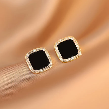 Elegant Black Stud Earrings Korean Style Rhinestone Inlay