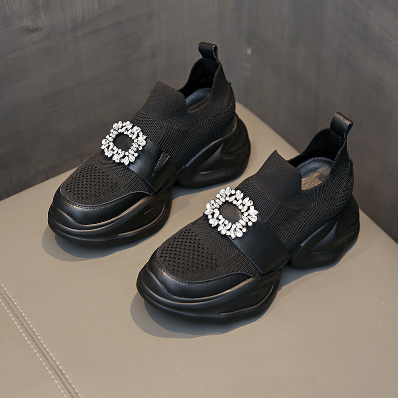 Rhinestone Square Buckle Breathable Mesh Casual Baotou Half Slippers