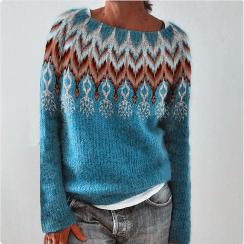 Women's Fashion Round Neck Multicolor Loose Leisure Pullover Knitwear Sweater