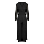 Women's Elegant V Neck Mesh Long Sleeve Loose Wide Leg Romper Party Jumpsuits With Rivet Cuffs