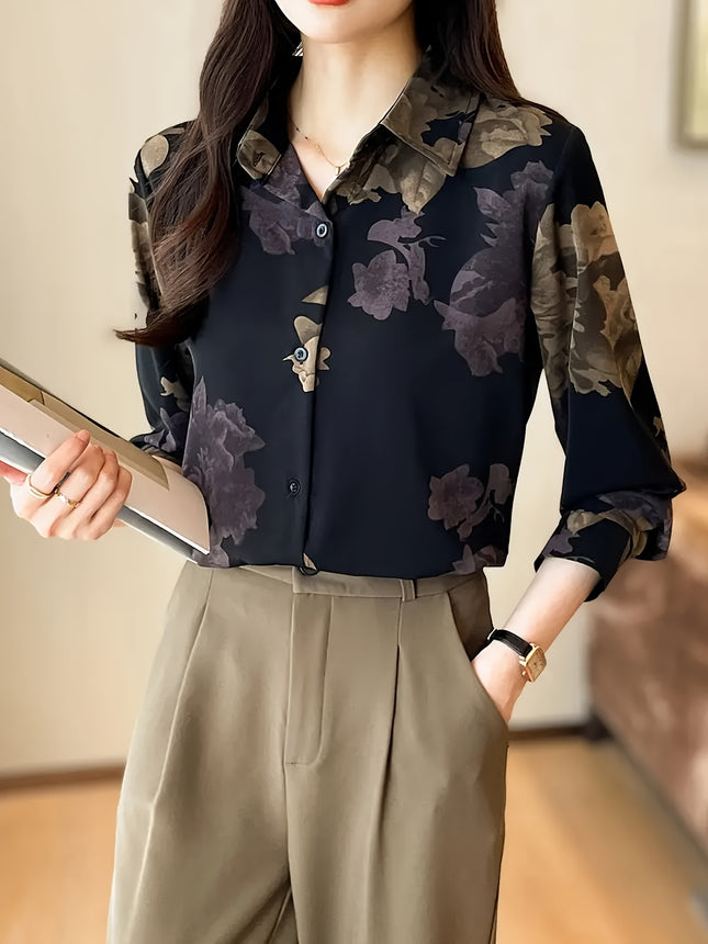Vintage Floral Print Long Sleeve Shirt Button Up Blouse