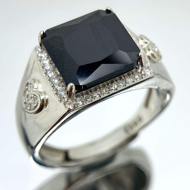 Sterling Silver S925 Mens Ring 10 By 10 Mm Black Zirconia