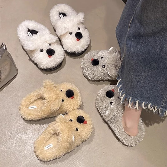 Scrawl Puppy Autumn Warm Closed Toe Indoor Home Cotton Slippers Hover Image