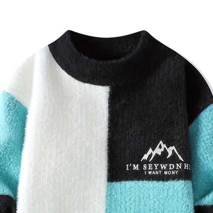 Chunky Knit Sweater Round Neck Long Sleeve Letter Print