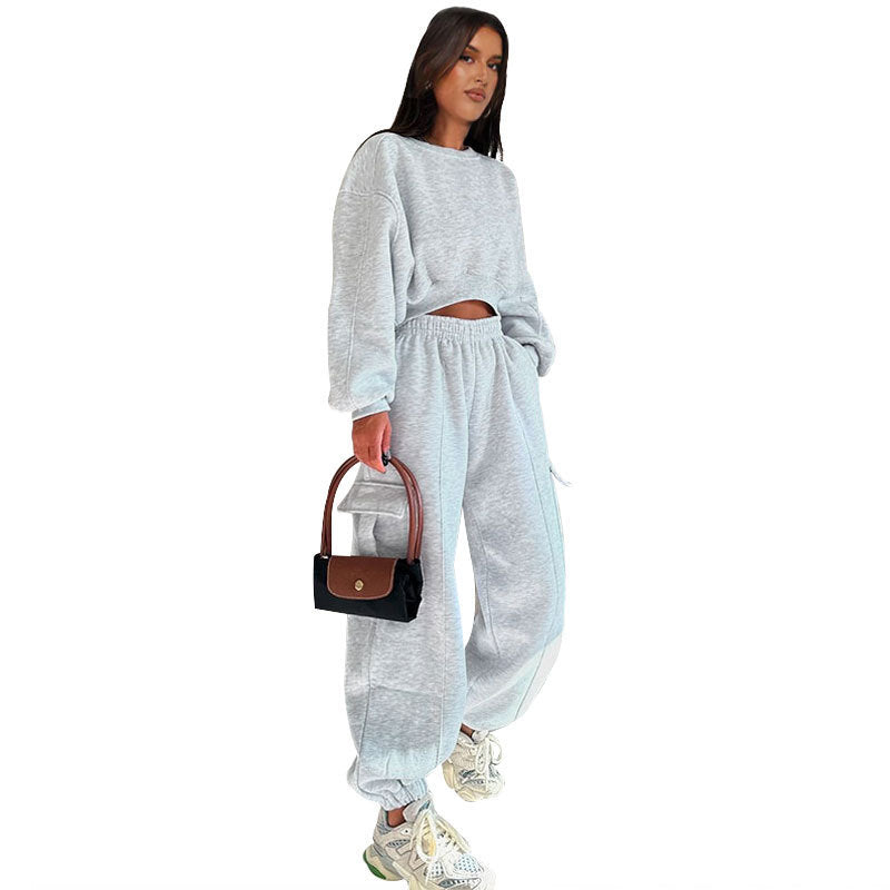 European And American Autumn New Round Neck High Waist Sweater Pocket Loose Sweatpants Suit