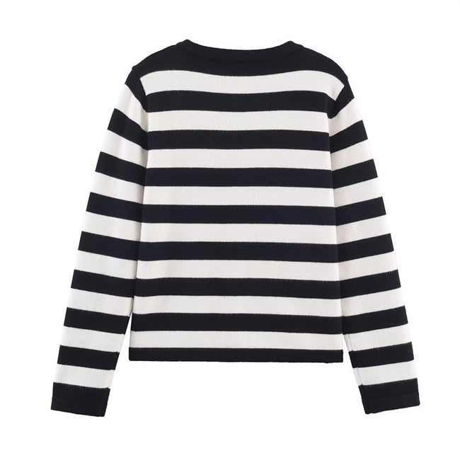 Black And White Striped Knitted Cardigan For Women Main Image