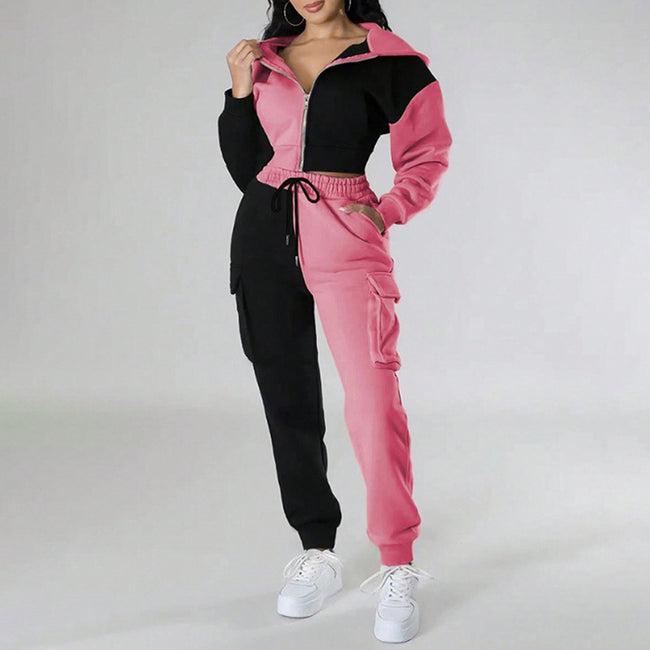 Women's Color Block 2 Piece Set, Full Zip Up Cropped Hoodie Jacket & Drawstring Cargo Pants, Casual Streetwear Outfit Main Image