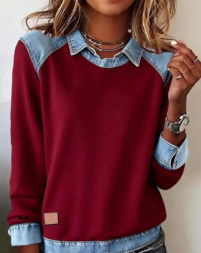 Denim Collar Long Sleeve Pullover Patchwork Knitwear Top