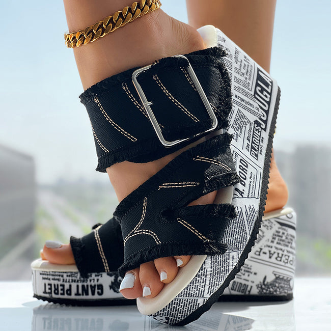 Newspaper Hem Platform Wedge Slides - Anklet Not Included Hover Image