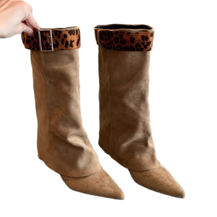 Retro Western Slimming Belt Buckle Middle Boots