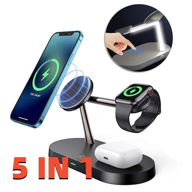 Multifunctional Five-In-One Magnetic Wireless Charging Watch Headset Desktop Mobile Phone Holder Charger 15W Fast Charge Hover Image