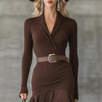 Stitching V-neck Long-sleeve Dress Long Skirt Large Swing Skirt