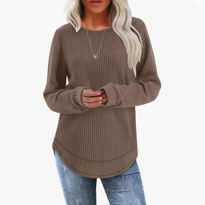 Waffle Loose Round Neck High And Low Curved Hem Top