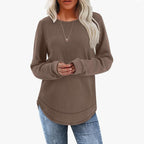 Waffle Loose Round Neck High And Low Curved Hem Top
