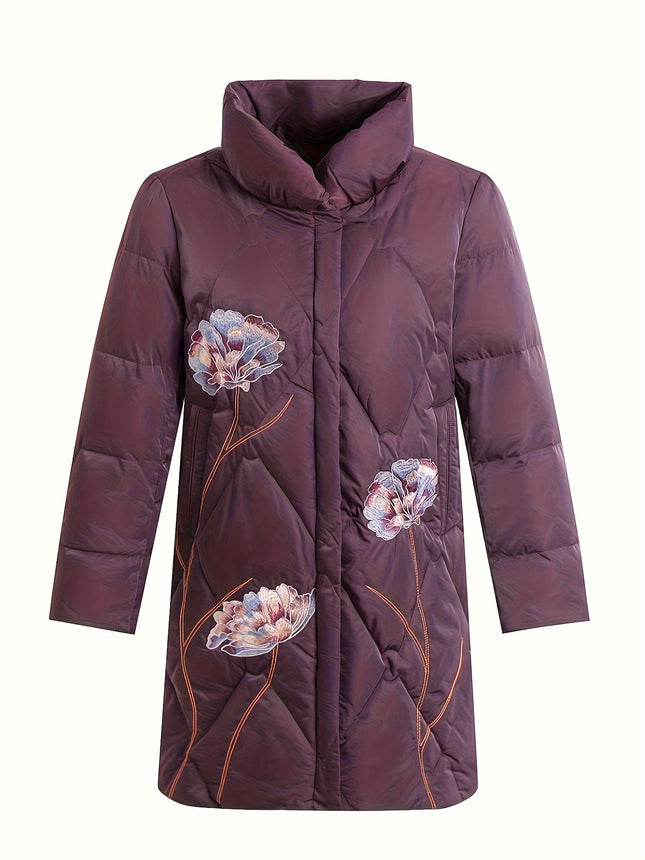 Plants Embroidered Zipper Front Jacket For Winter Women
