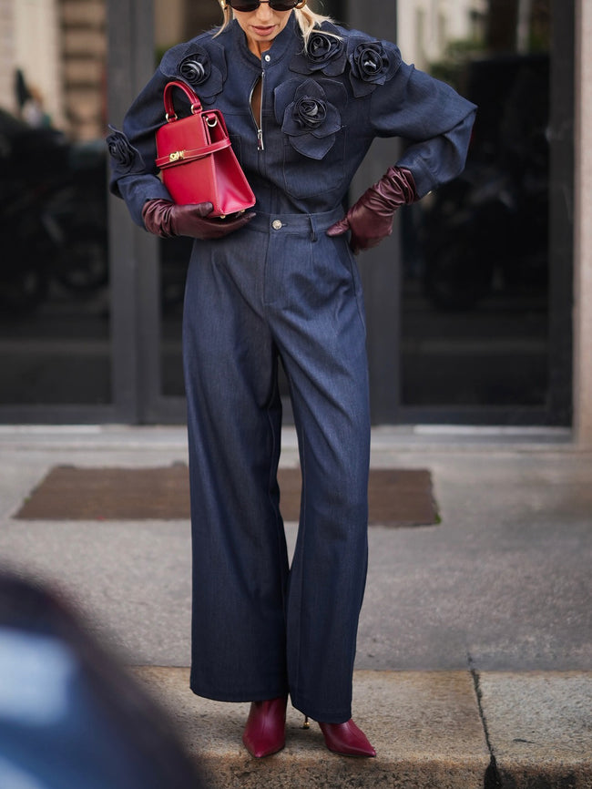 3D Floral Embellishments Shirt & High-Waisted Jeans Denim Set Hover Image