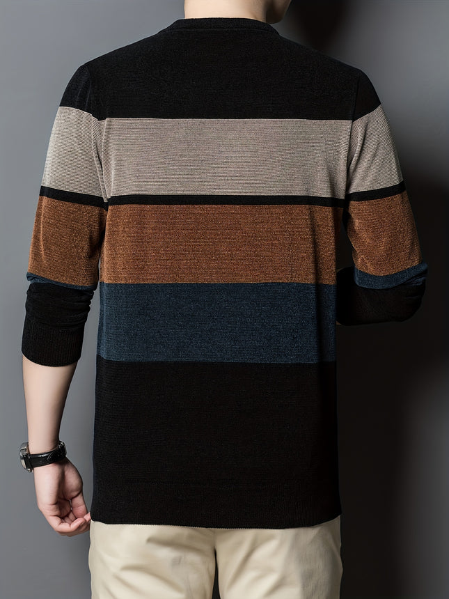Men's Polyester Knit Sweater Striped Crew Neck Fall Winter