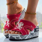 Newspaper Skull Original Hem Platform Wedge Slides - Anklet Not Included