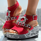 Newspaper Buckle Denim Wedge Slides - Anklet Not Included