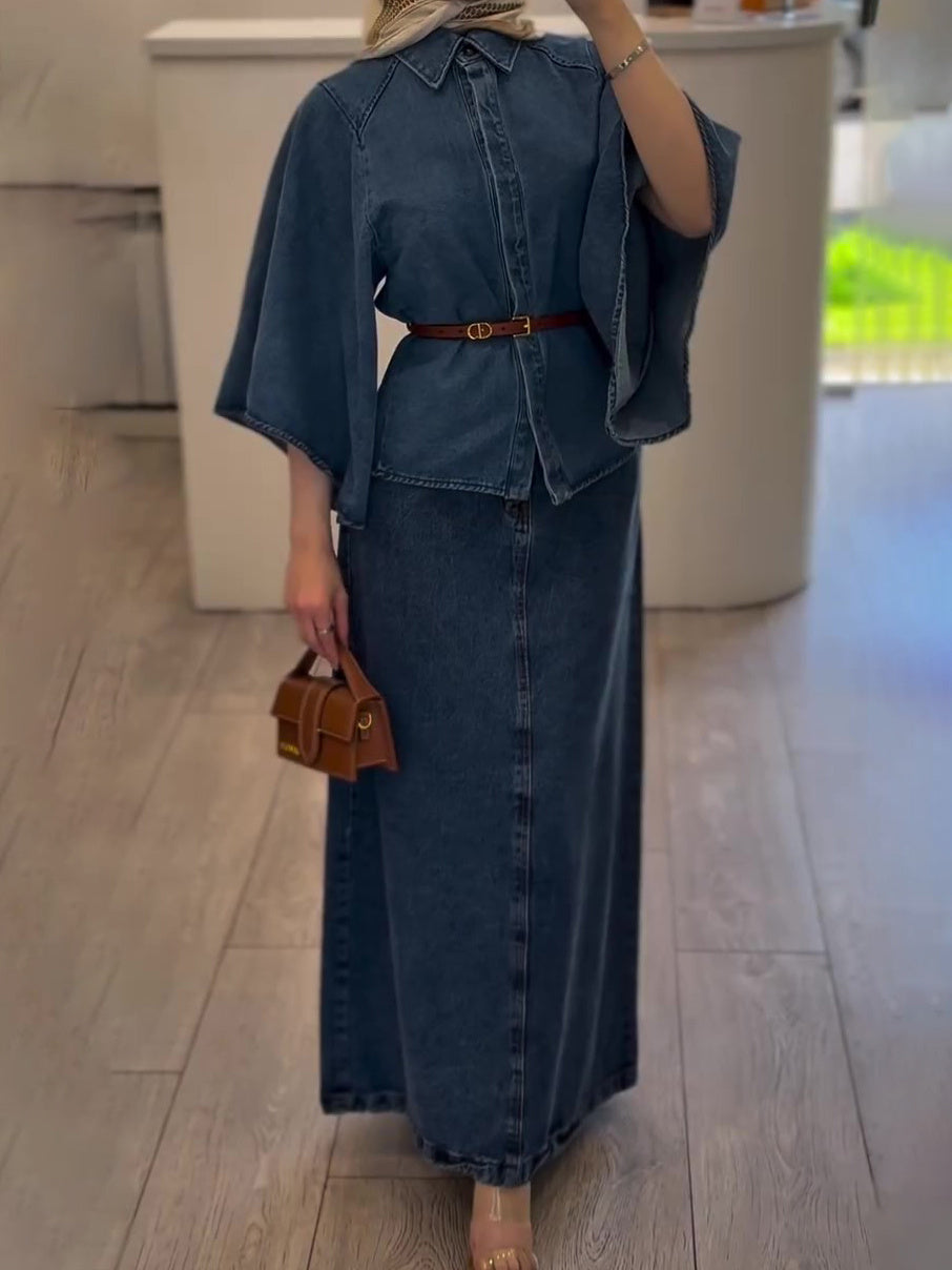 Denim Cape - Style Top And Maxi Skirt Set