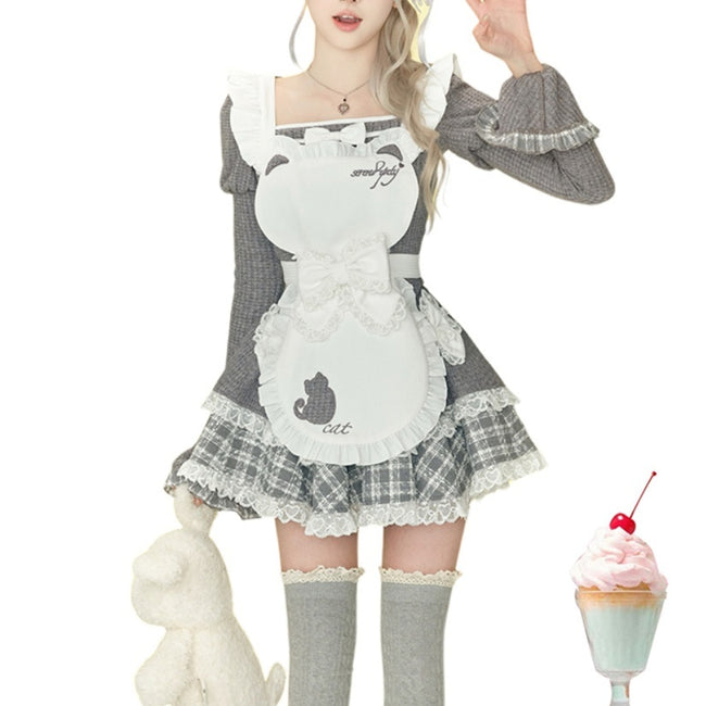 Gray Knitted Top Kitten Embroidered Apron Gray Knitted Cake Dress Hover Image