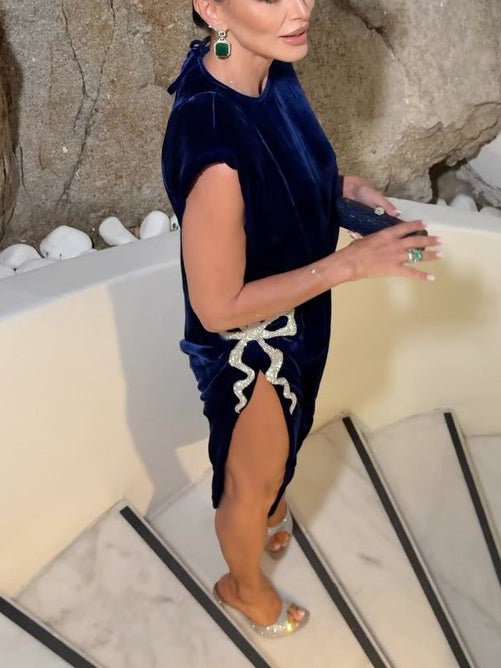 Navy Blue Velvet Gown With White Bow And High Slit Detail