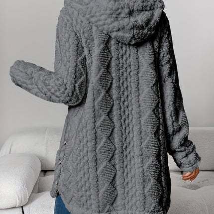 Autumn Winter Plush Hooded Jacquard Cardigan Coat for Women