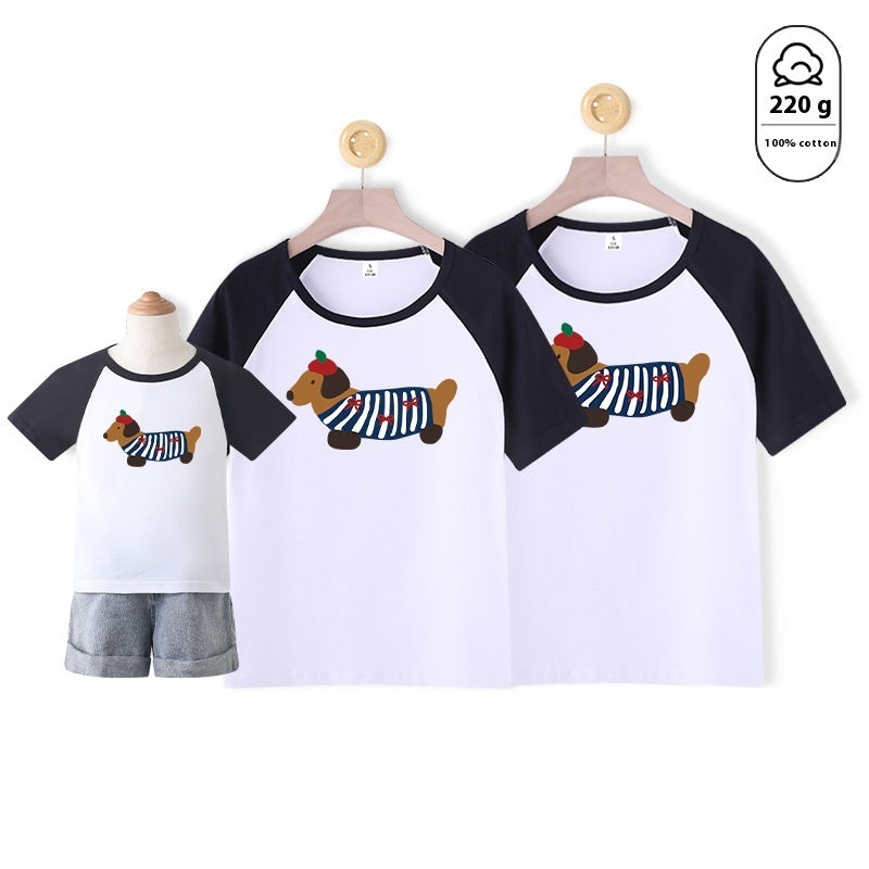 Dog Western Style Mother-daughter Matching Outfit Cotton Short Sleeve Contrast Color Korean Style