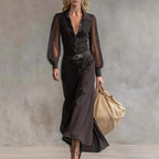 Long Sleeve See-through Blouse Collar Button Mesh Dress