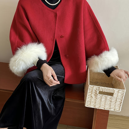 Women's Chic Vintage Coat Wool Outerwear Fox Fur Trim