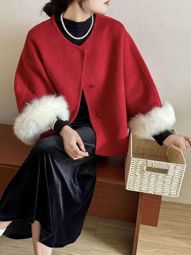 Women's Chic Vintage Coat Wool Outerwear Fox Fur Trim