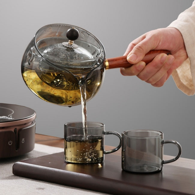 Semi-automatic Rotary Heat-resistant Glass Teapot Lazy Tea Making With Infuser And Wooden Handle Office Home Accessories Kitchen Gadgets Hover Image