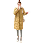 All-matching Cotton-padded Women's Over-the-knee Rhombus Plaid Loose Plus Size Hooded Jacket