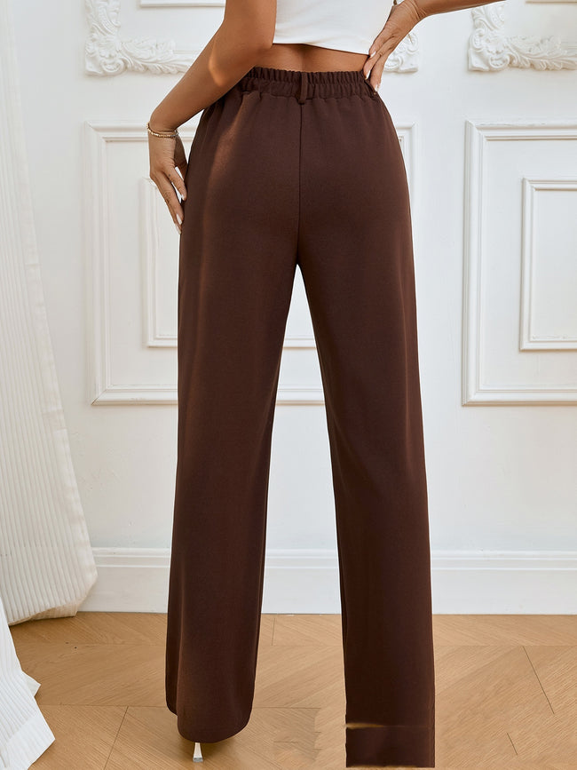 Spring And Autumn Solid Color Pocket Elastic Waist Pleated Casual Straight Pants Main Image