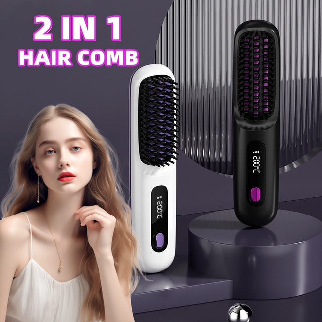 2 In 1 Straight Hair Comb Wireless Hair Straightener Brush Hair Fast Heating Portable Hot Curler USB Charging Hover Image