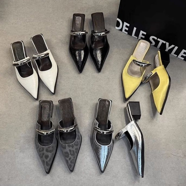 New Spring And Summer Metal Buckle French Style Slip-on Closed Toe Half Slippers For Women Hover Image