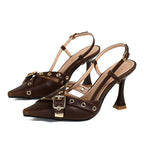 Mid Heel Toe Box Sandals Belt Buckle Cross Strap Stiletto Women