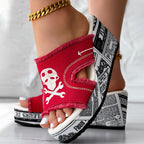Newspaper Skull Original Hem Platform Wedge Slides - Anklet Not Included