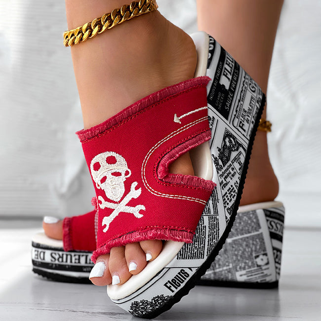 Newspaper Skull Original Hem Platform Wedge Slides - Anklet Not Included Hover Image