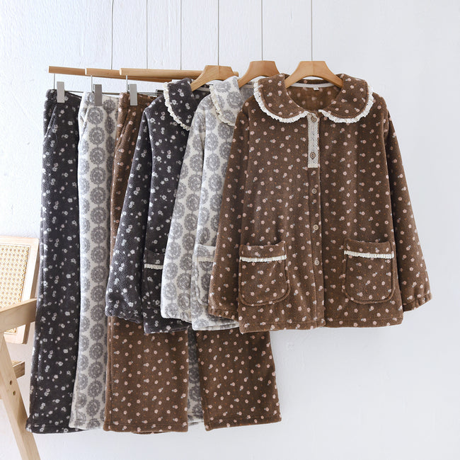 Lace Jacquard Sweet Cute Coral Fleece Pajamas Autumn And Winter Warm Loungewear Main Image
